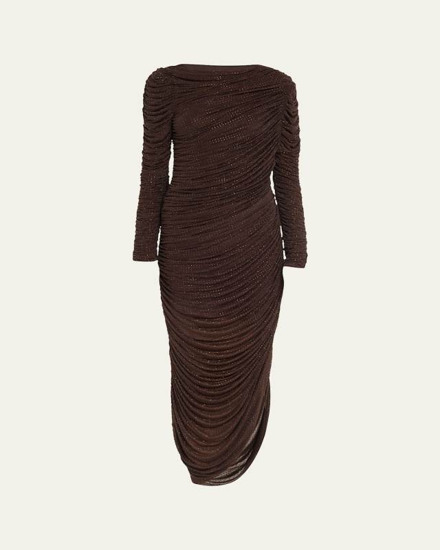 Sanders Asymmetric Ruched Rhinestone Midi Dress