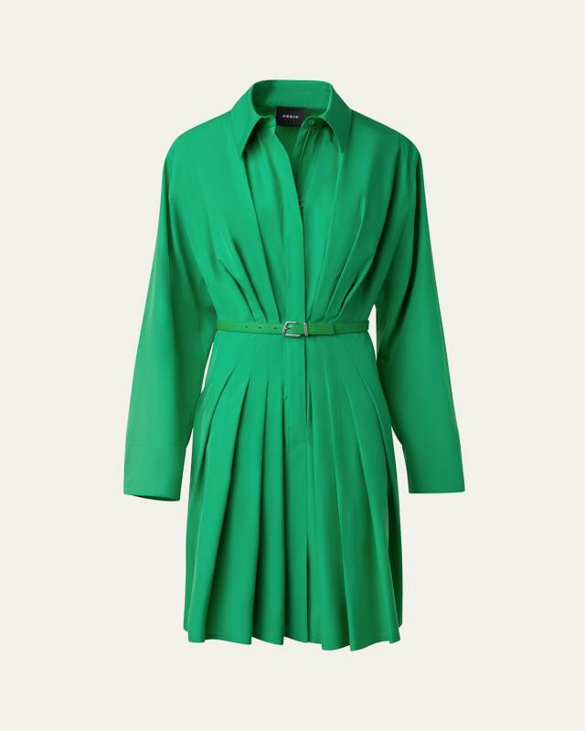 Long-Sleeve Pleated Cotton Poplin Shirtdress With Belt