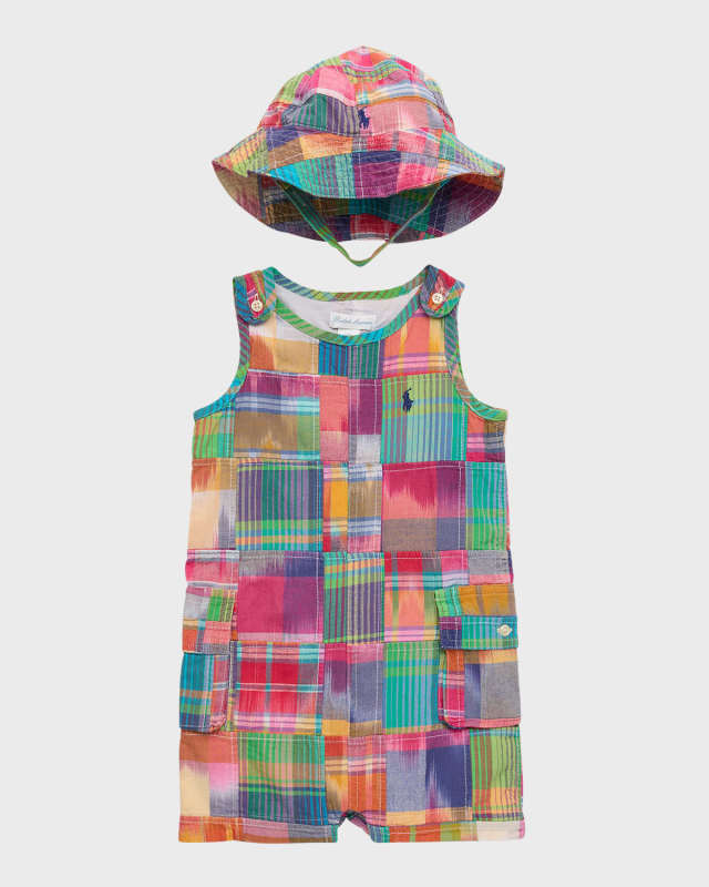 Boy's Madras Plaid-Print Shortall, Size 3M-24M