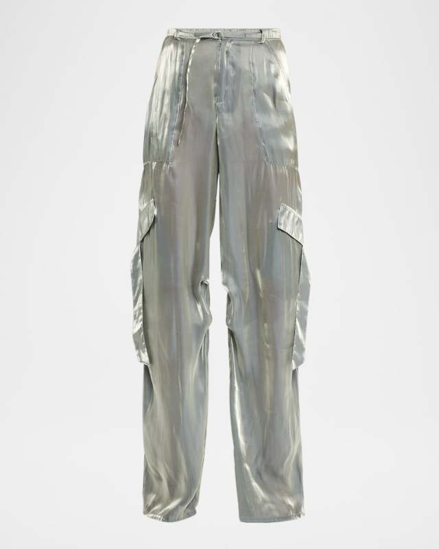 Metallic Organza Belted Straight-Leg Cargo Pants