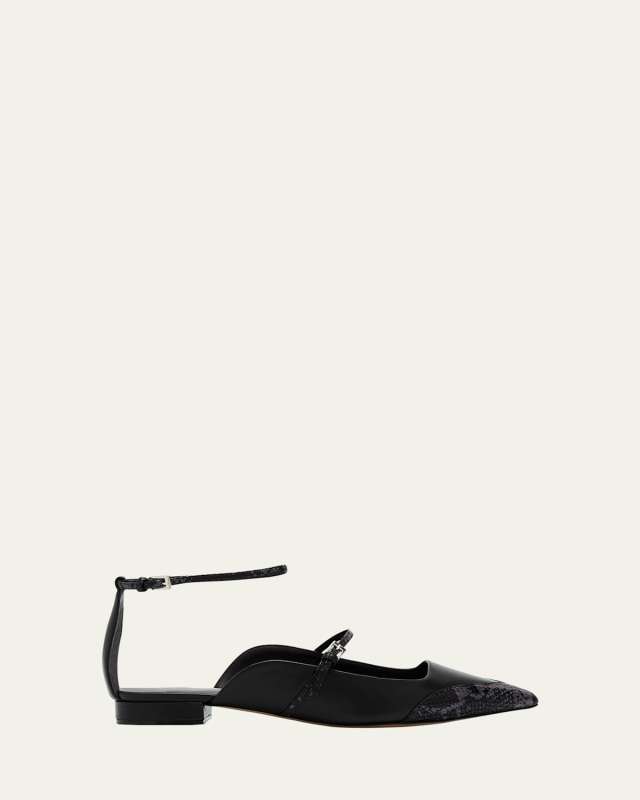Odessa Snakeskin-Print Ankle-Strap Ballerina Flats