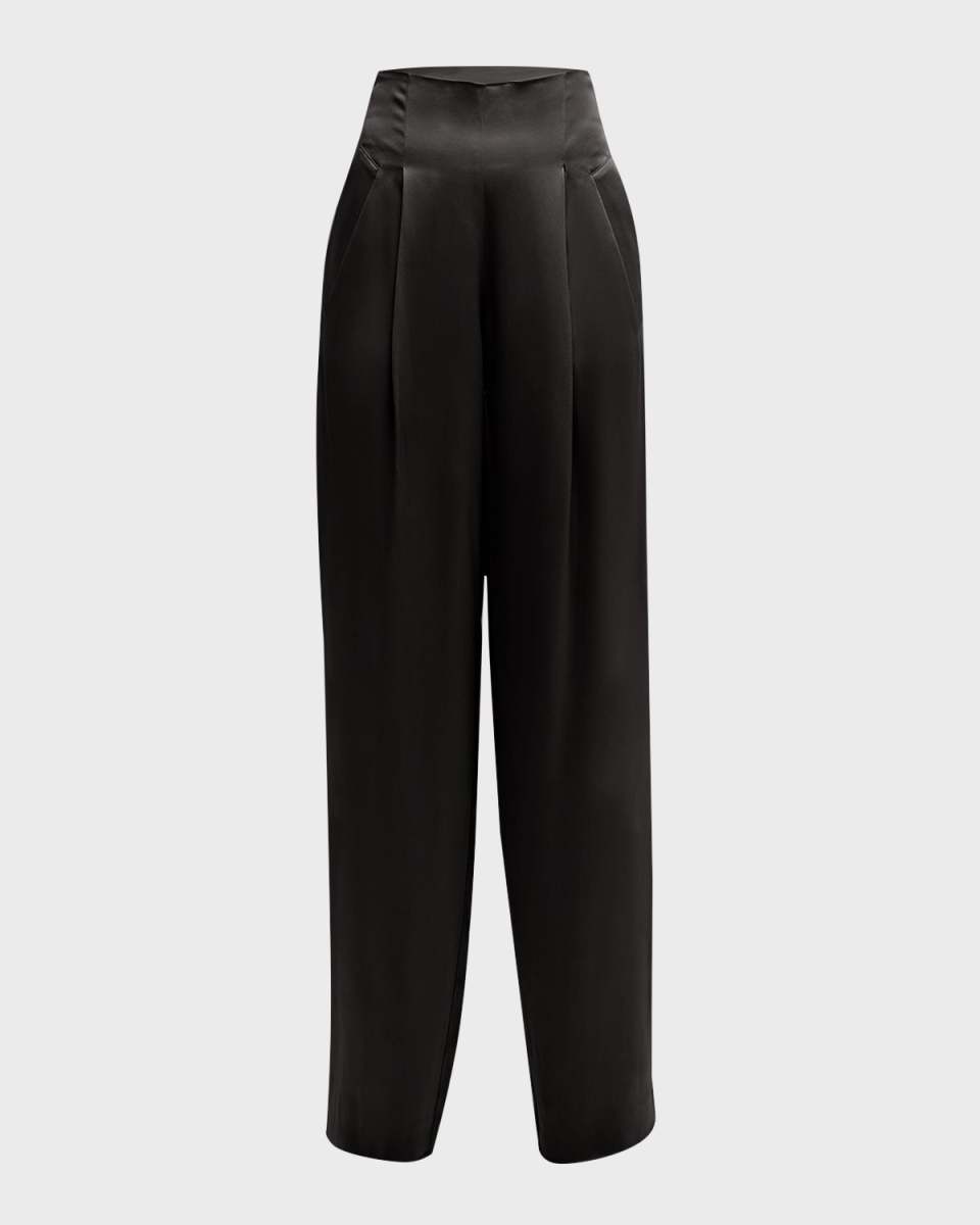 High-Rise Satin Pleated Relaxed-Leg Pants