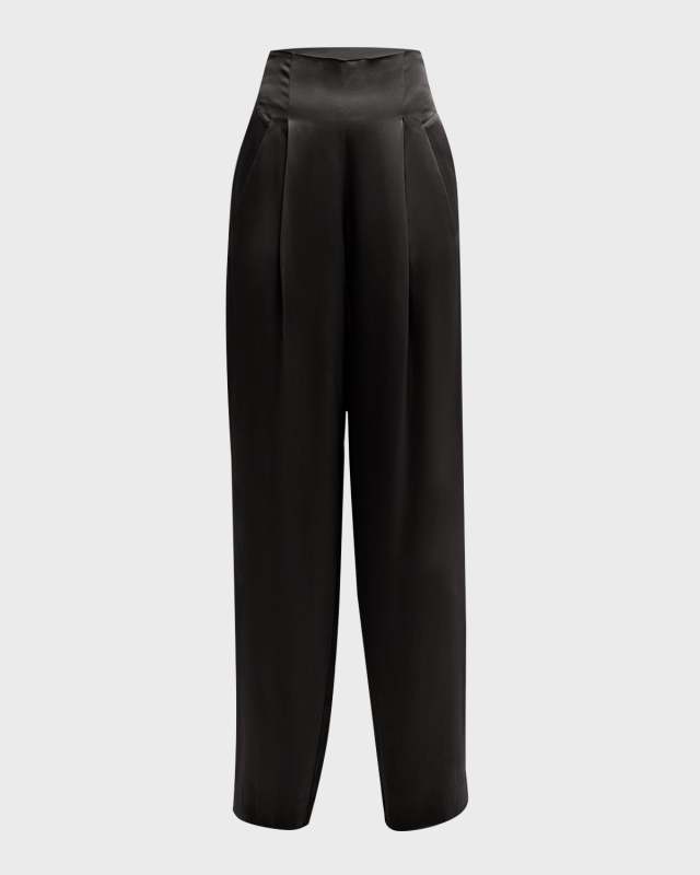 High-Rise Satin Pleated Relaxed-Leg Pants