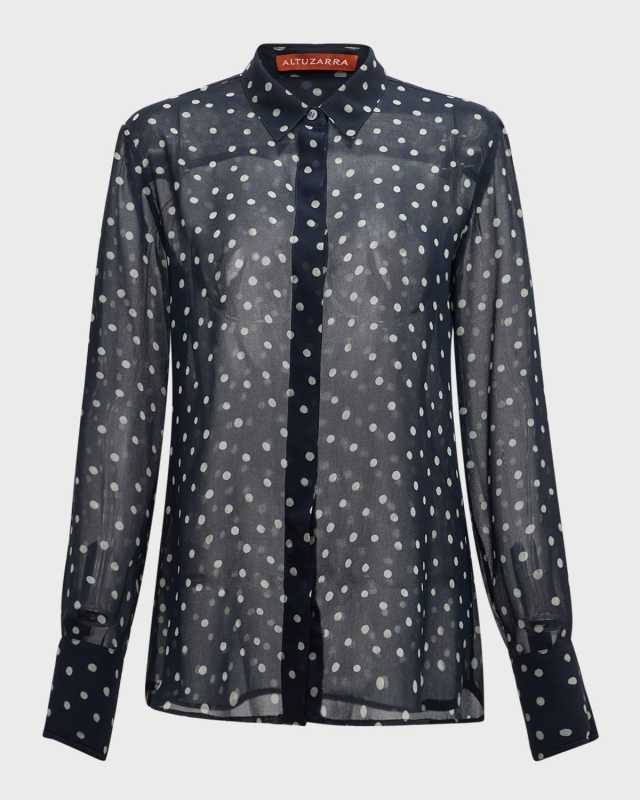 Chika Polka-Dot Sheer Button-Front Top
