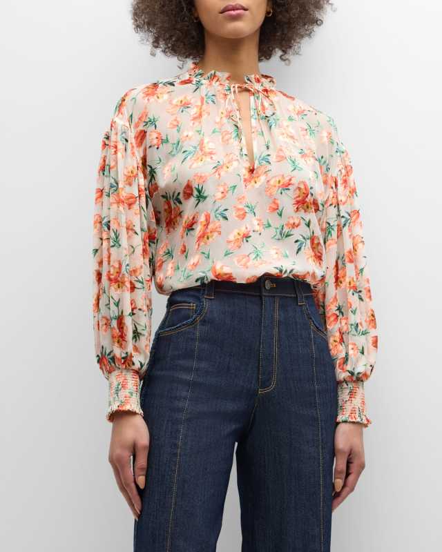 Julius Voluminous Long-Sleeve Floral Burnout Blous