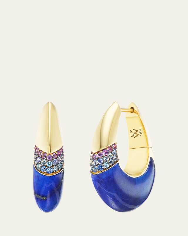 Ombre 18K Yellow Gold Oval Hoop Earrings with Lapis, Sapphire, and Amethyst