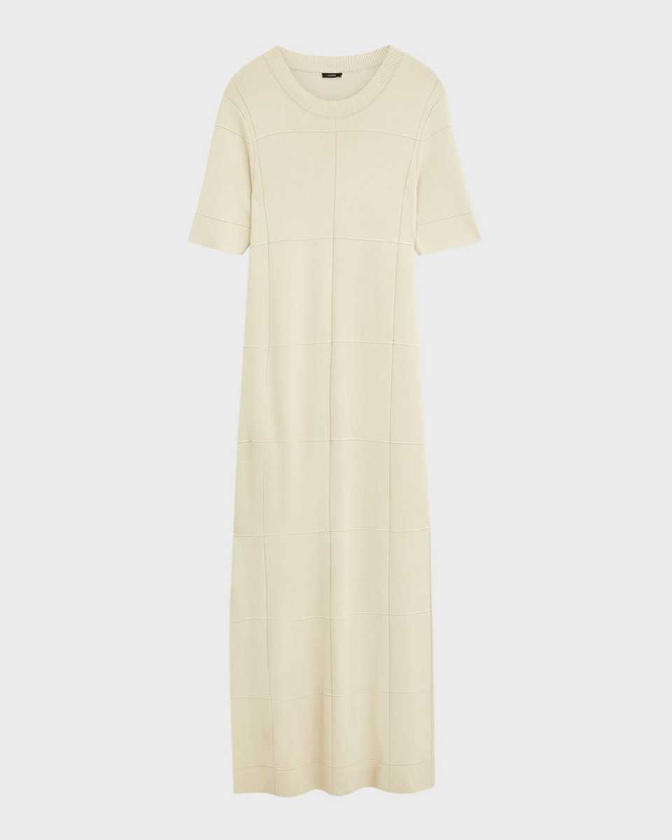 Elbow-Sleeve Grid Knit Maxi Dress