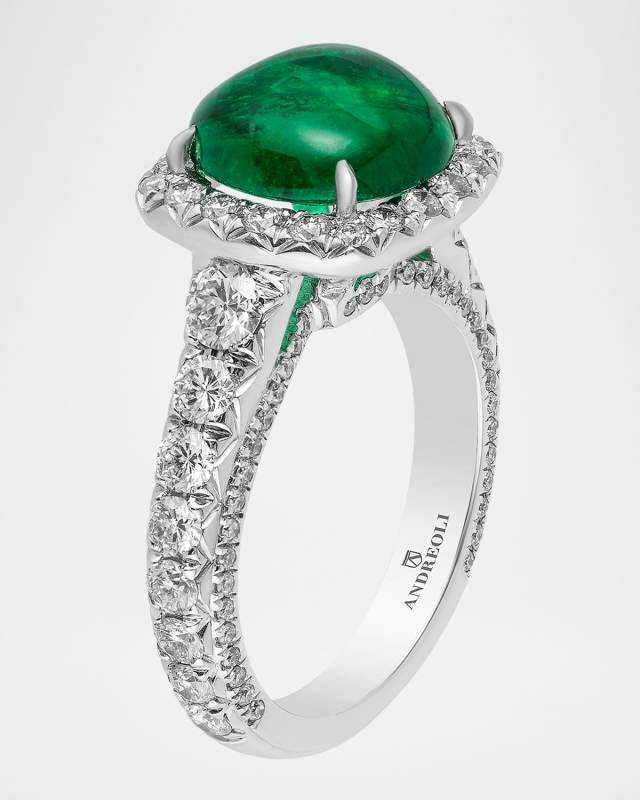 18K White Gold Round Emerald Cabochon Ring with Diamonds, Size 6
