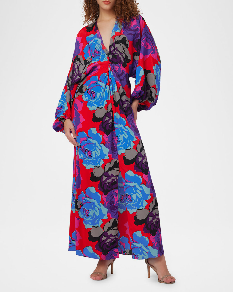 Kason Floral-Print Blouson-Sleeve Maxi Dress
