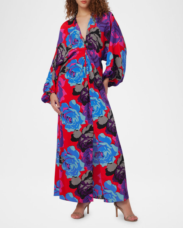 Kason Floral-Print Blouson-Sleeve Maxi Dress