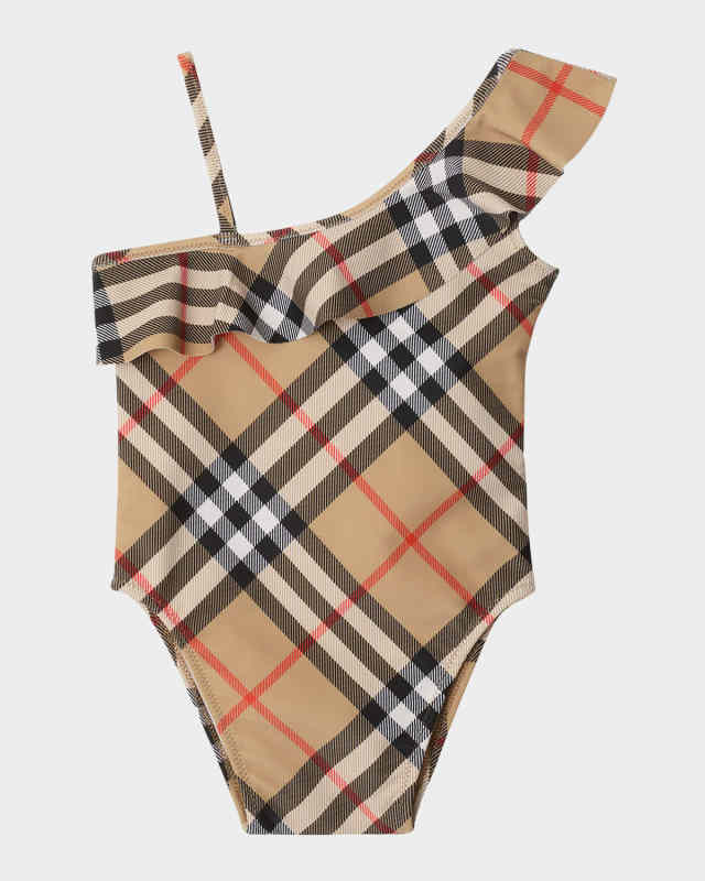 Girl's Fern Ruffled One-Shoulder Check One-Piece Swimsuit, Size 6M-2