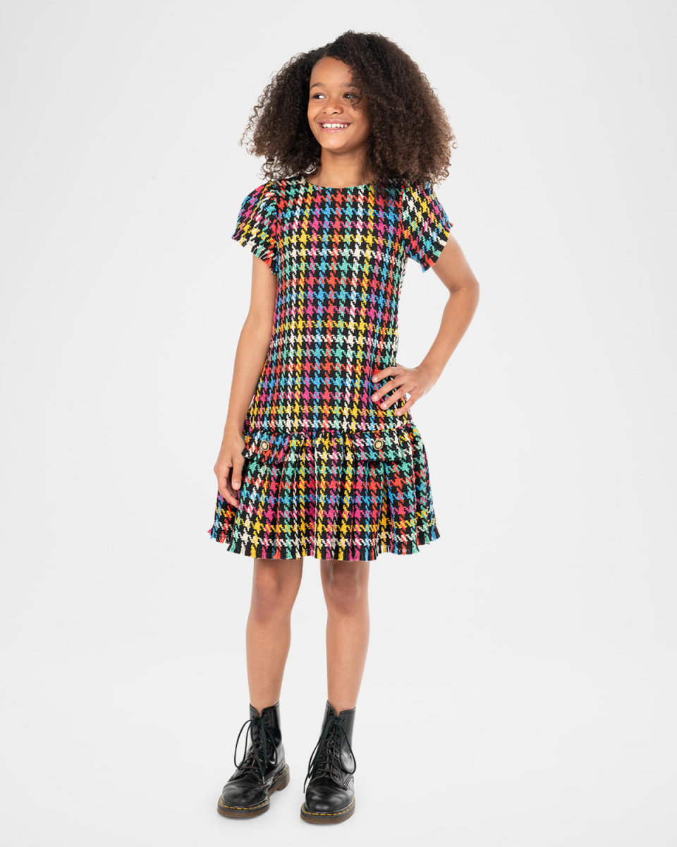 Girl's Charlie Tweed Multicolor Houndstooth Dress, Size 7-16