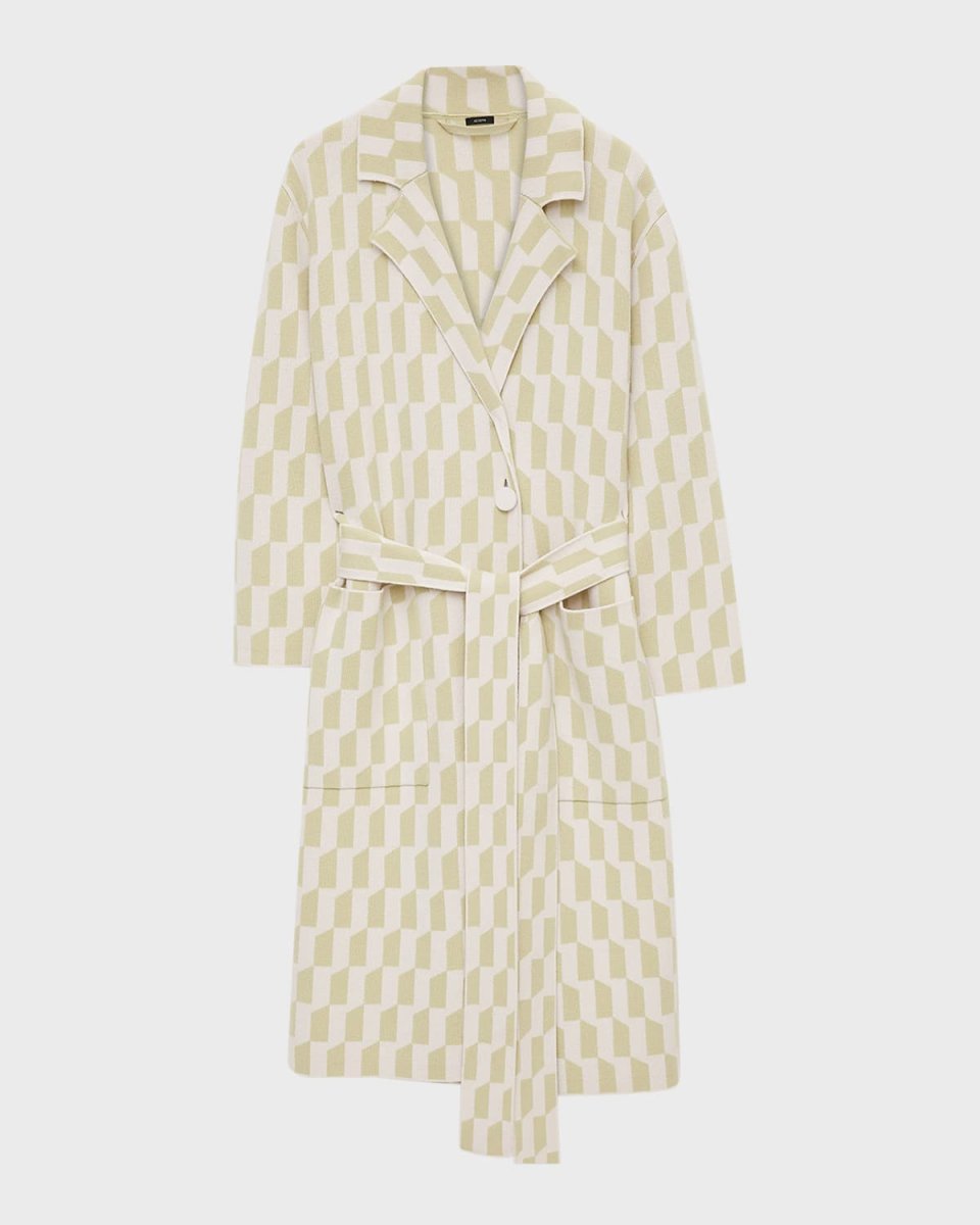 Belted Geometric Intarsia Wool Knit Coat