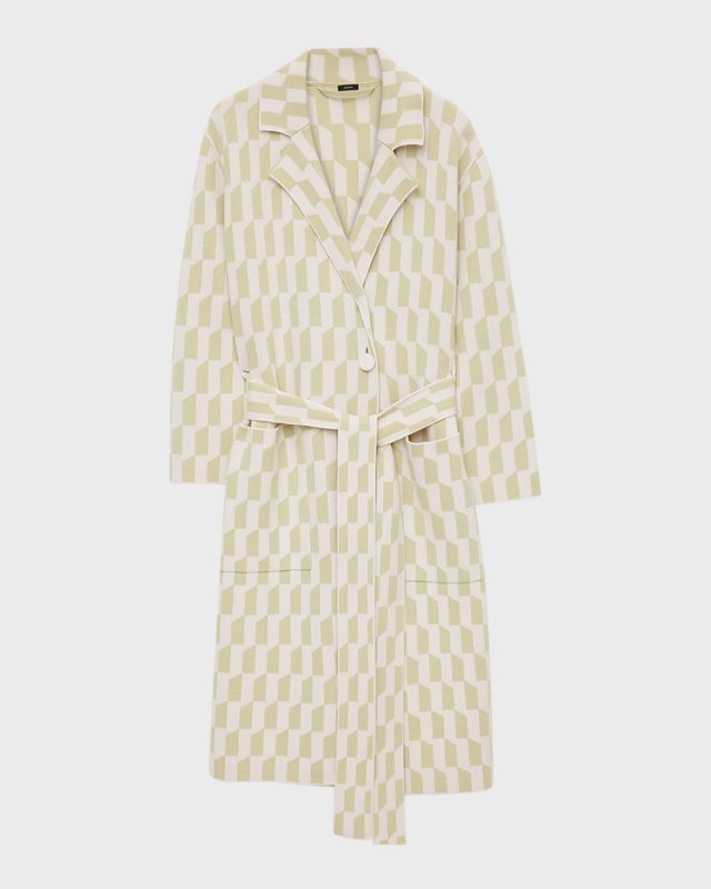Belted Geometric Intarsia Wool Knit Coat