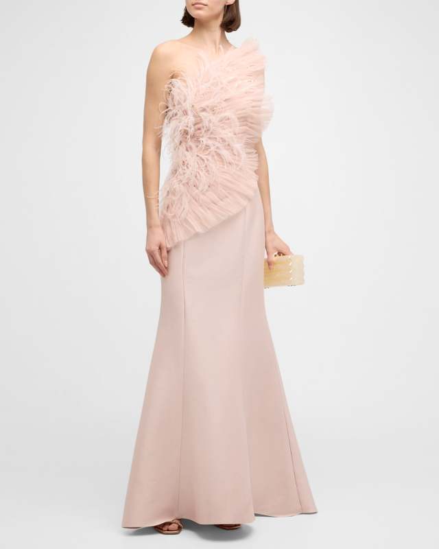 Strapless Feather-Embellished Ruffle Gown