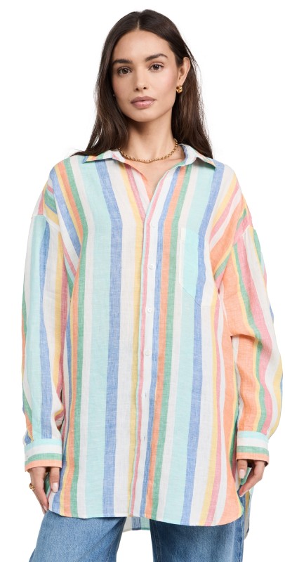 Frank & Eileen Mackenzie Button Up Shirt Multi Color Stripe Linen