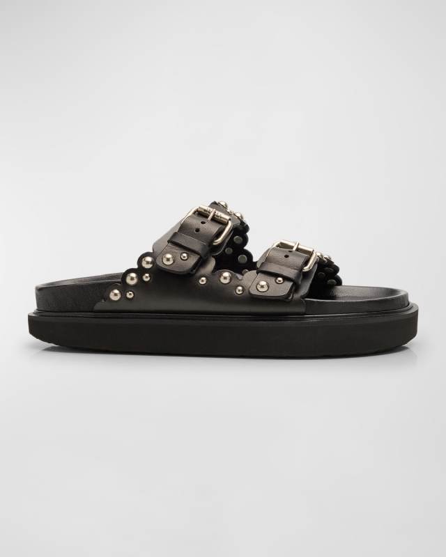 Lennya Pearly Studded Leather Dual-Buckle Sandals