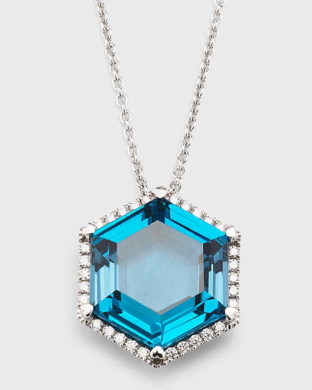 Rocks 18K White Gold London Blue Topaz Hexagon and Diamond Halo Pendant Necklace