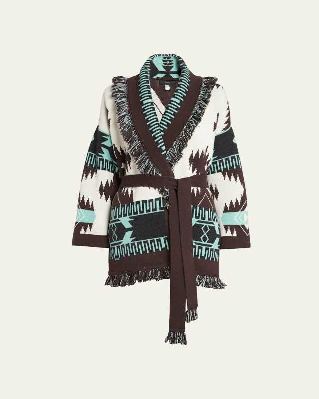 Icon Jacquard Fringe Belted Cashmere Cardigan