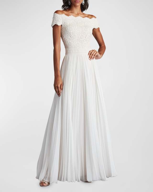 Off-Shoulder Floral Lace & Pleated Chiffon Gown