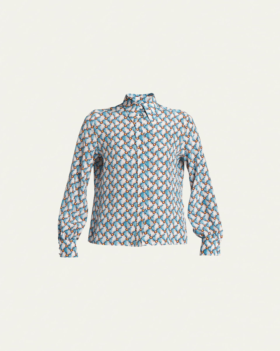 Micro Floral Silk Button-Front Shirt