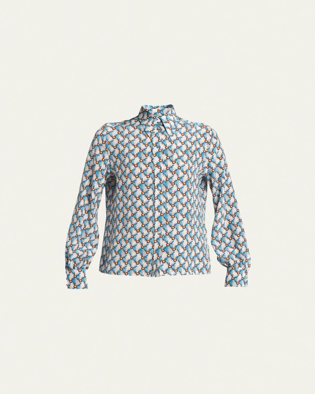 Micro Floral Silk Button-Front Shirt