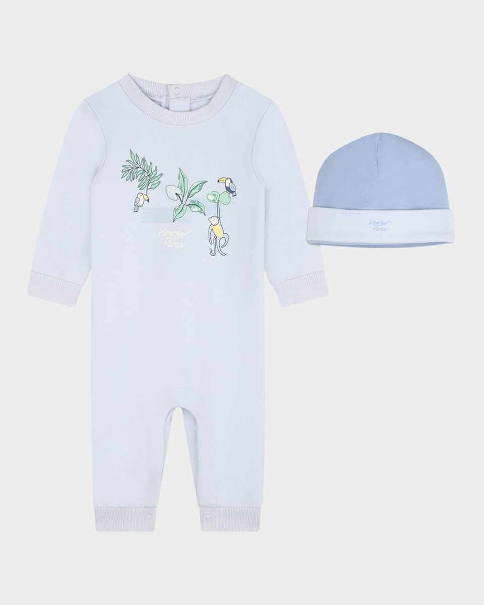 Boy's Logo-Print Coverall W/ Beanie, Size 3M-12