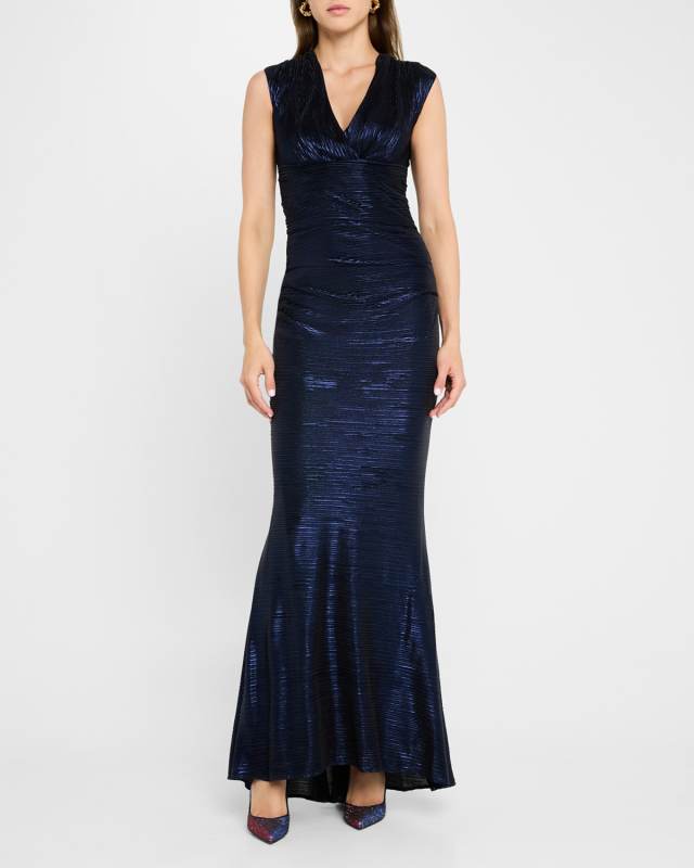 Pleated Metallic Satin Sleeveless Gown
