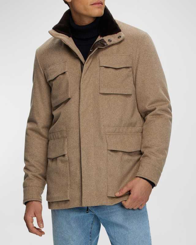 Men's Fabric Jacket With Lamb Shearling Collar