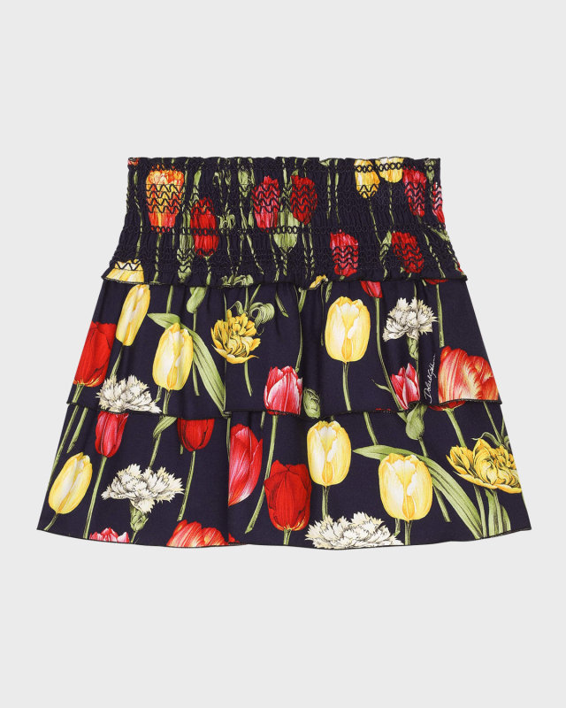 Girl's Tulip-Print Smocked Skirt, Size 8-14