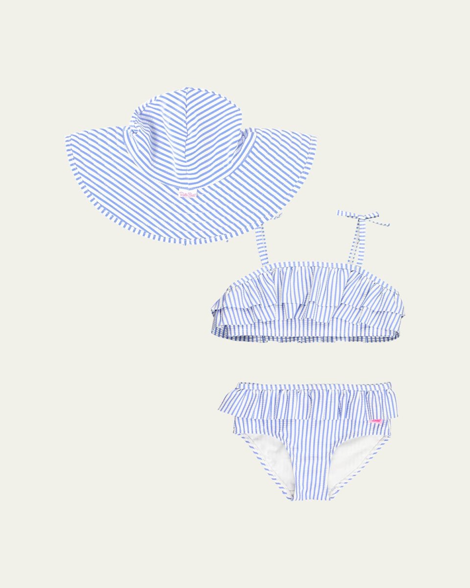 Girl's Seersucker Bow Two-Piece Swimsuit and Hat Set, Size 3M-8