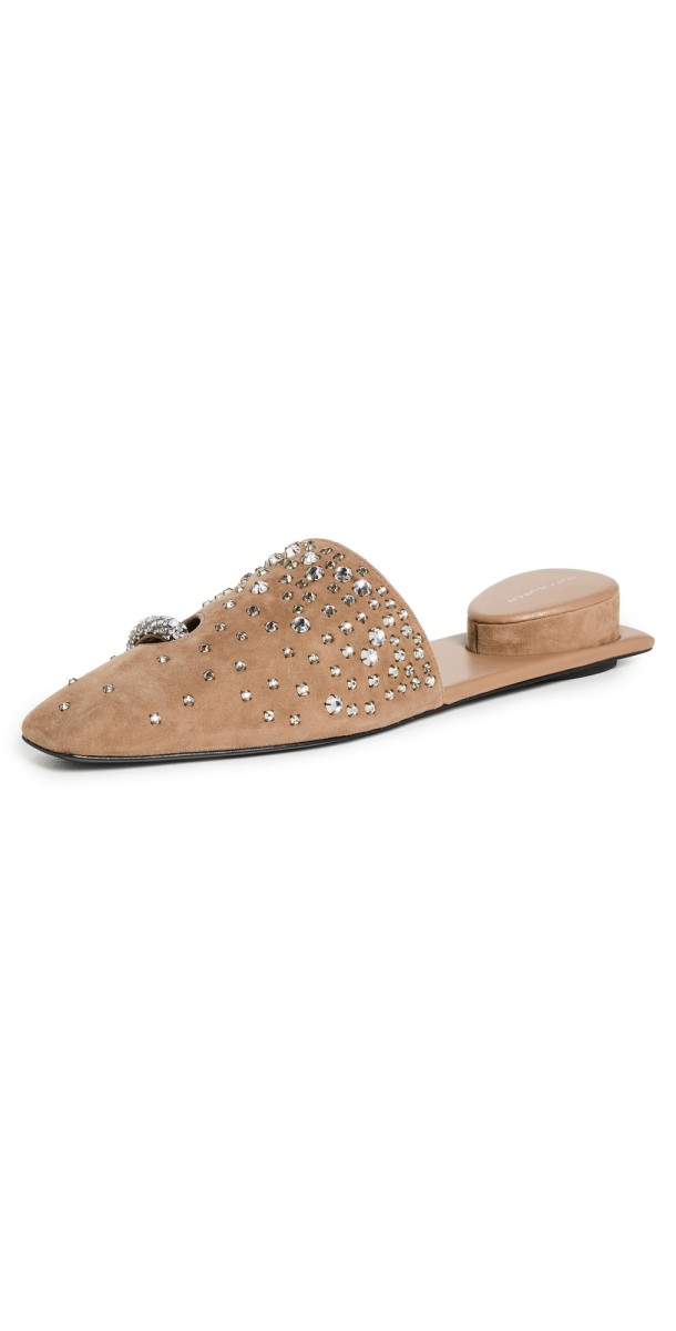 Tory Burch Pierced Crystal Mules River Rock/Crystal