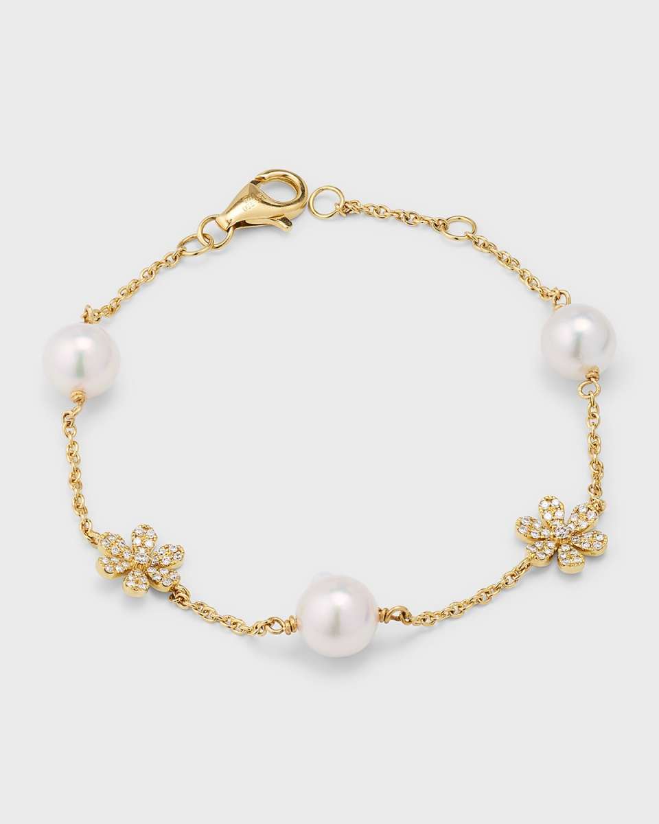 18K Yellow Gold Akoya Pearl and Diamond Daisy Bracelet, 7"L