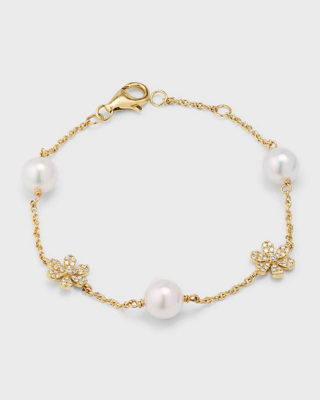 18K Yellow Gold Akoya Pearl and Diamond Daisy Bracelet, 7"L