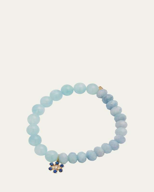 Aqua Beaded Bracelet with Sapphire & Diamond Flower Charm