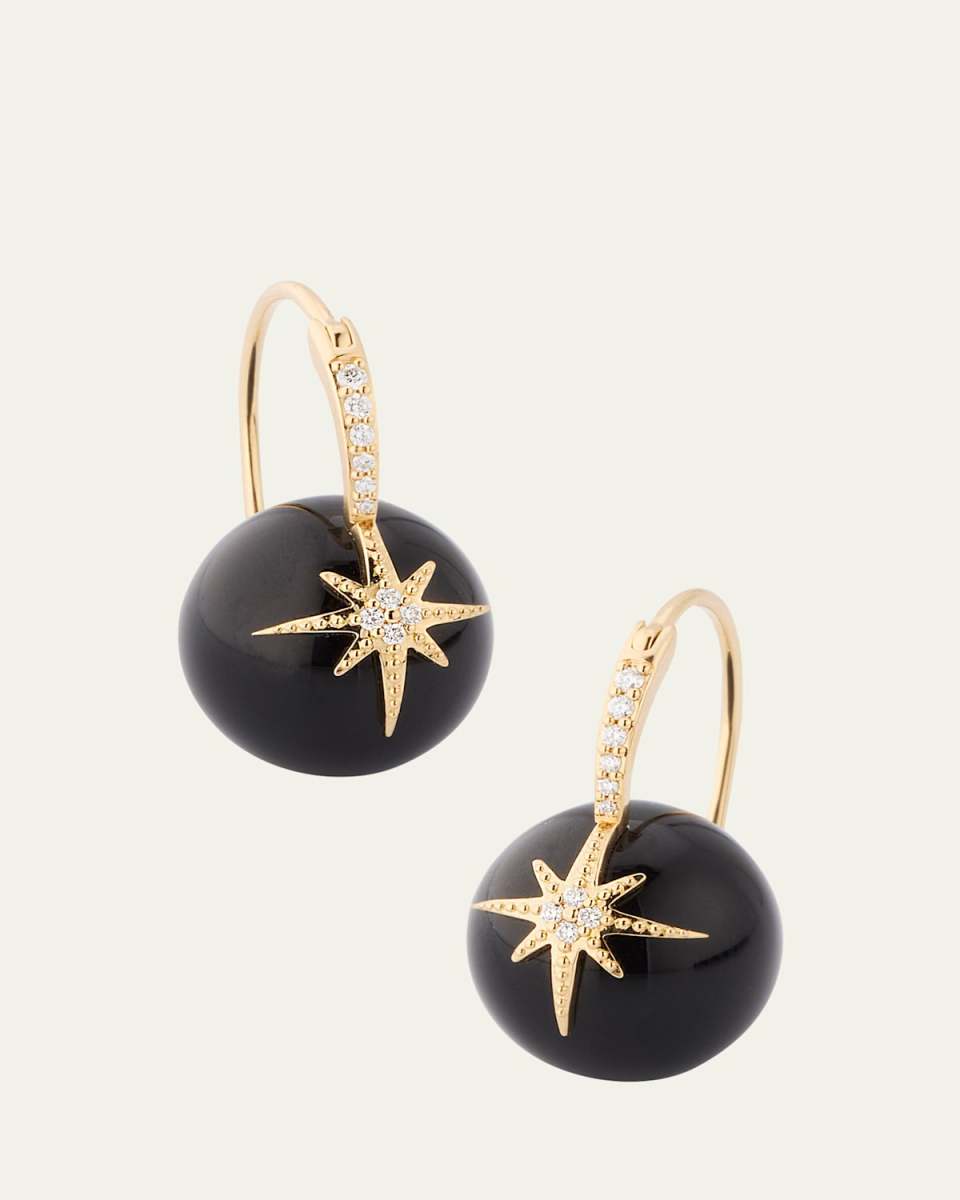 14K Yellow Gold Pave Diamond Starburst Onyx Bead Earrings