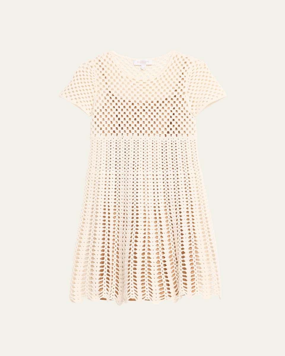 Cashmere Crochet-Knit Short-Sleeve Mini Dress