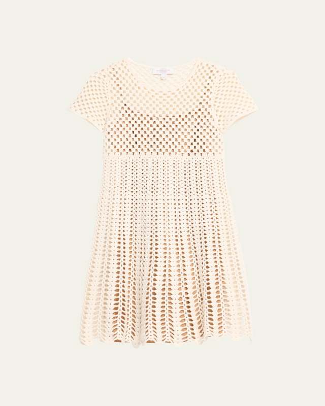 Cashmere Crochet-Knit Short-Sleeve Mini Dress