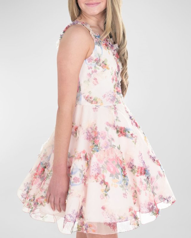 Girl's Ruffle Trim 3D Floral-Print Dress, Size 7-16