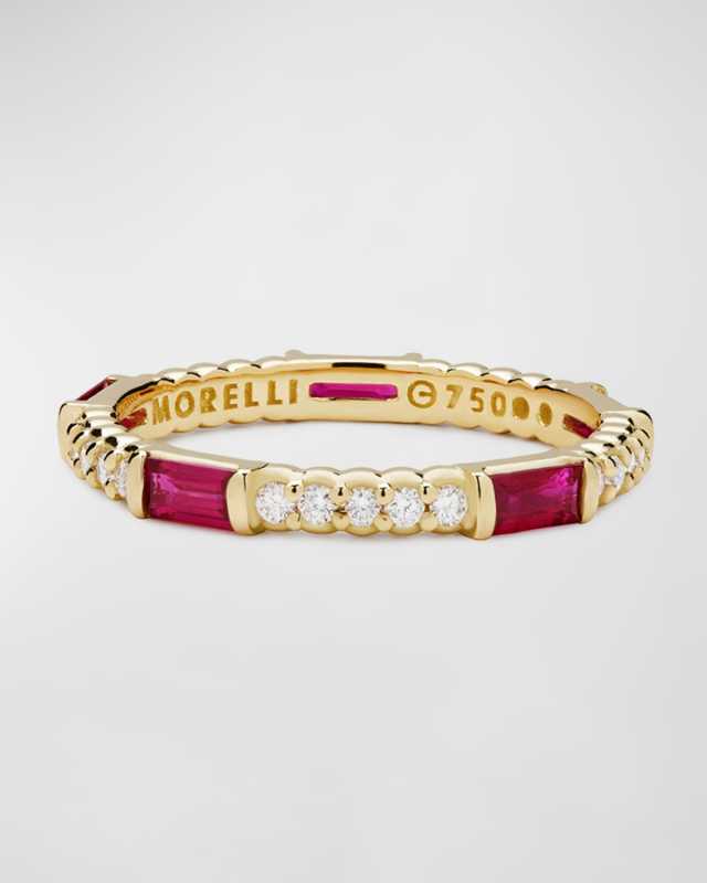 Ruby & Diamond Pinpoint Baguette Ring in 18K Gold