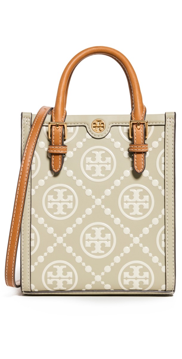 Tory Burch Mini T Monogram Contrast Embossed Tote Olive Sprig