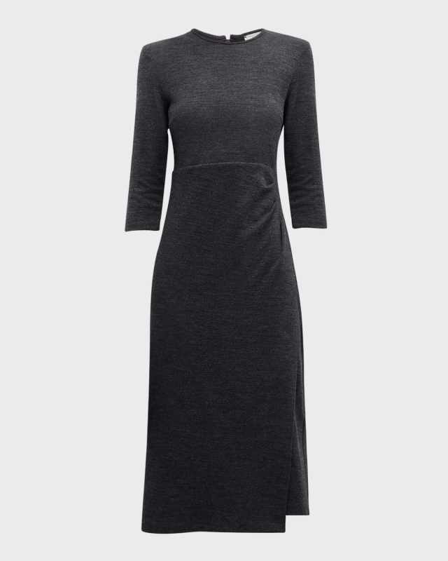 Pleated 3/4-Sleeve Knit Midi Dress