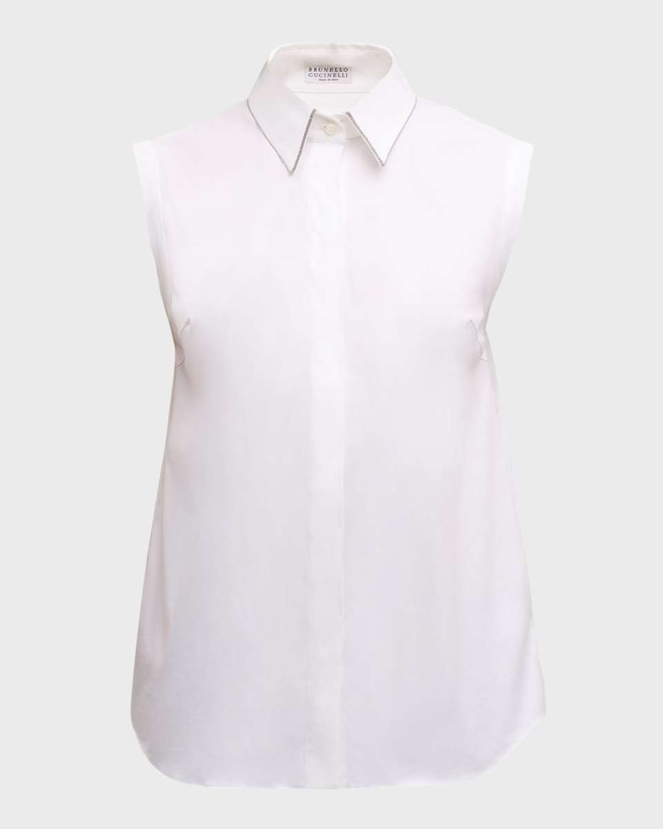 Monili-Collar Sleeveless Cotton Poplin Stretch Top
