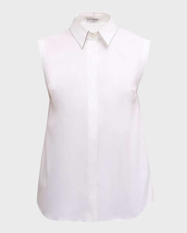 Monili-Collar Sleeveless Cotton Poplin Stretch Top