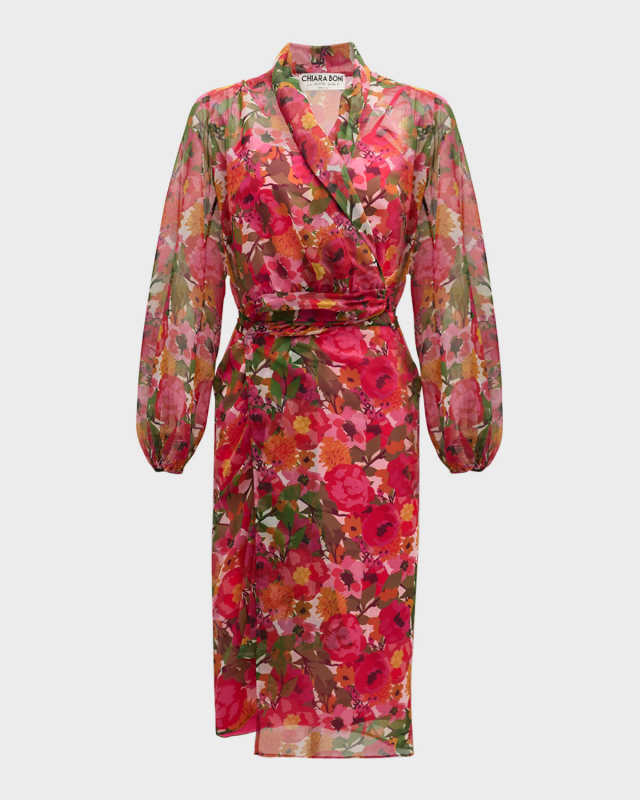 Floral-Print Chiffon Midi Wrap Dress