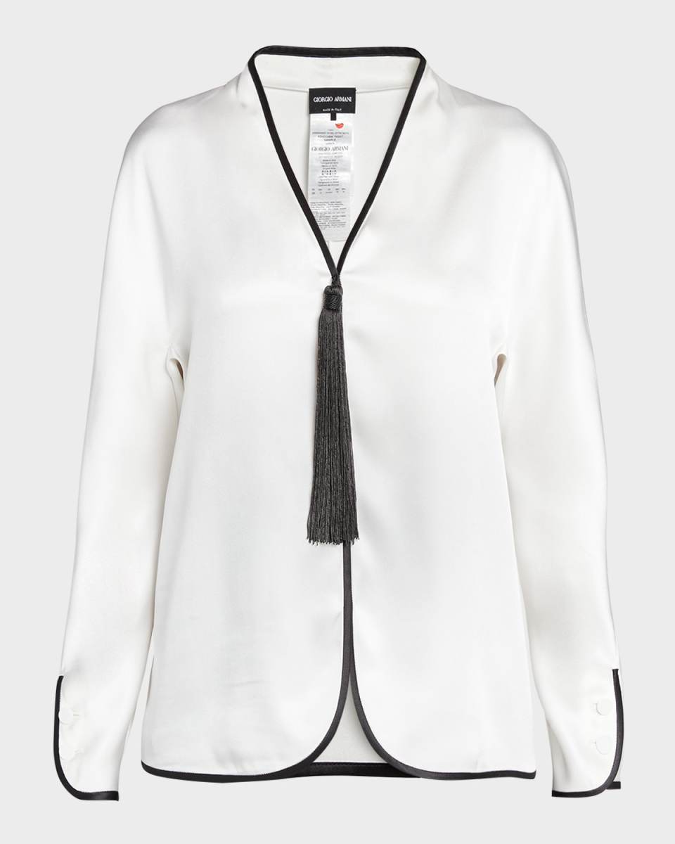 Tassel Silk Blouse with Contrast Tipping