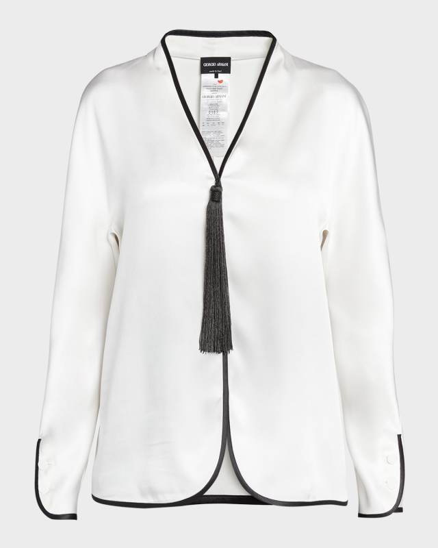 Tassel Silk Blouse with Contrast Tipping