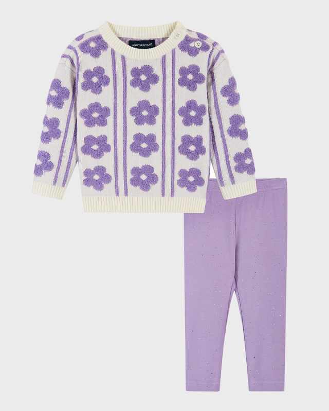 Girl's Flower Sherpa Sweater & Leggings Set, Size Newborn-24M