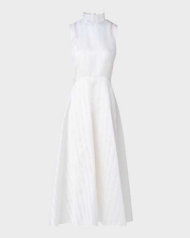 Mock-Neck Striped Silk Sleeveless Midi Dress