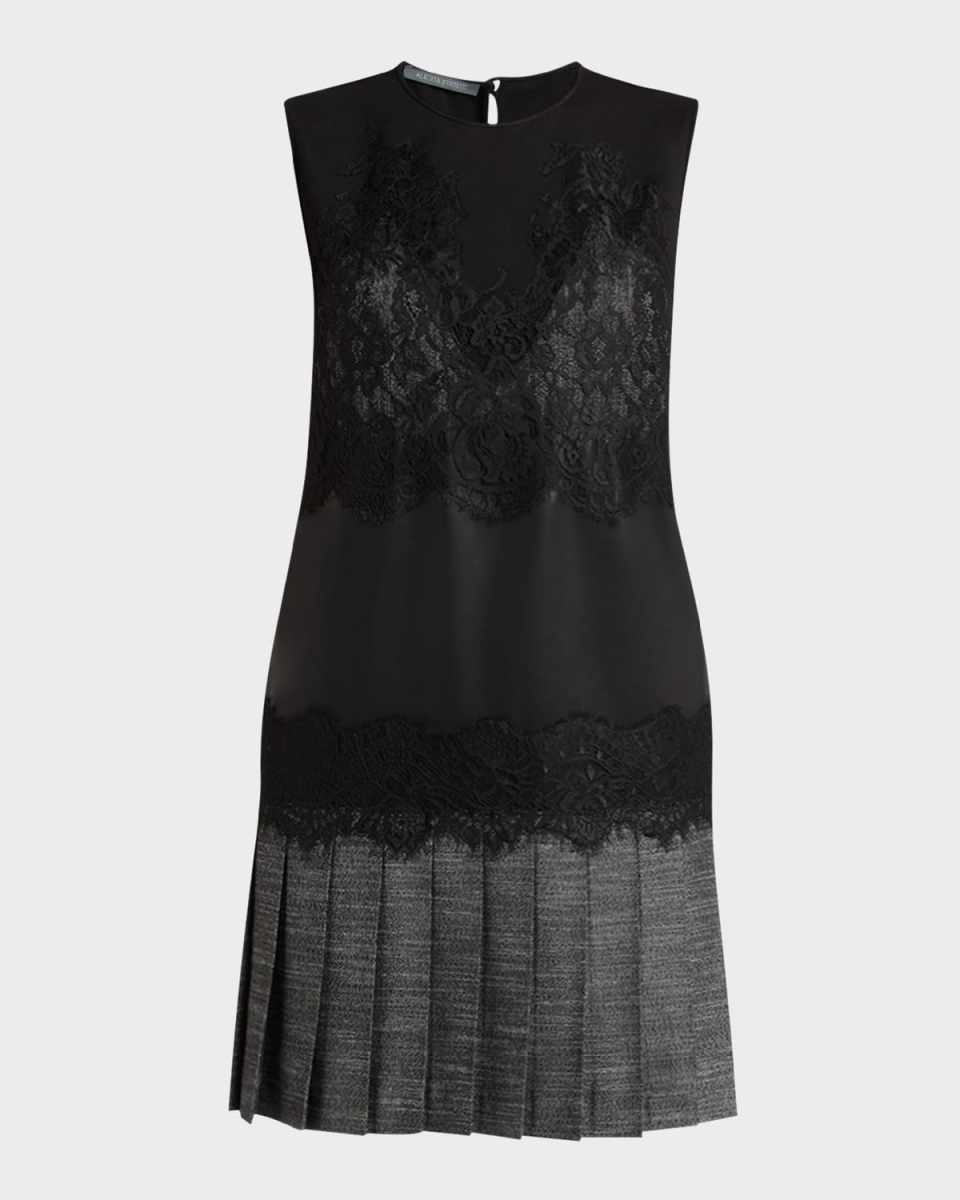 Lace Sleeveless Pleated Mini Dress